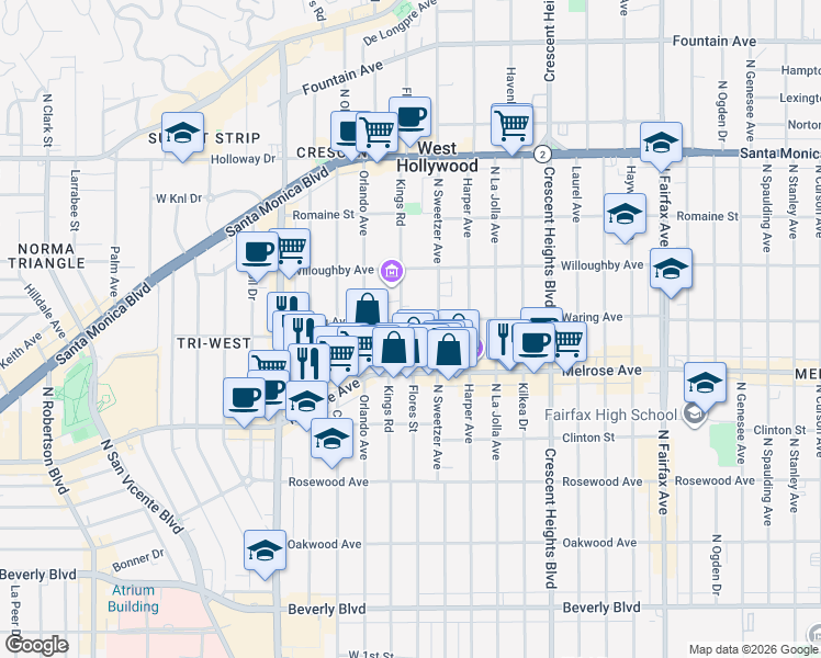 map of restaurants, bars, coffee shops, grocery stores, and more near 740 North Kings Road in Los Angeles