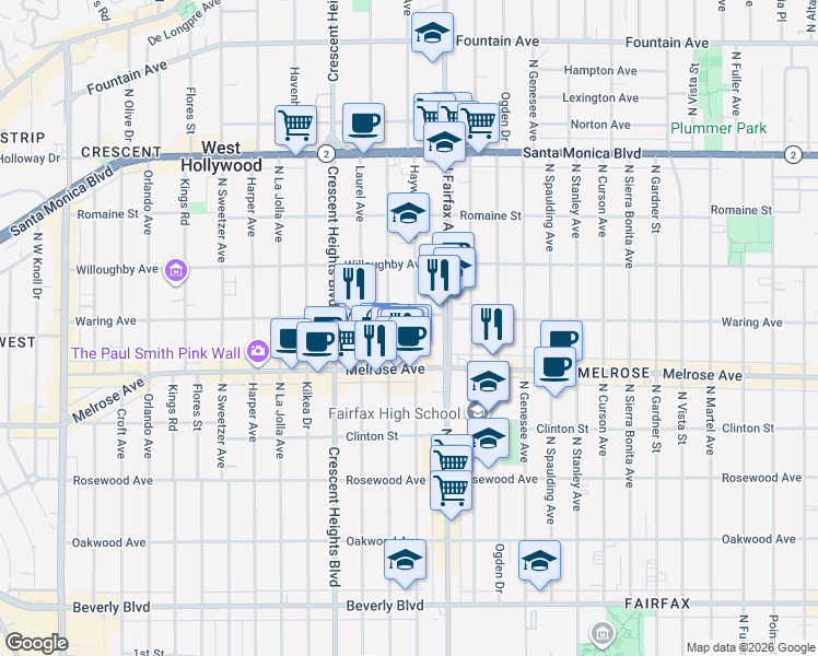 map of restaurants, bars, coffee shops, grocery stores, and more near 720 North Edinburgh Avenue in Los Angeles