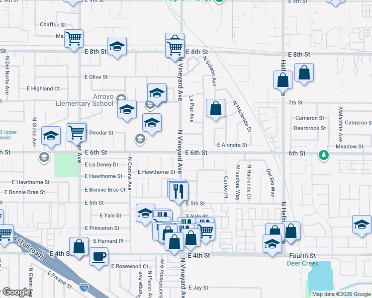 map of restaurants, bars, coffee shops, grocery stores, and more near 1908 East Alondra Court in Ontario