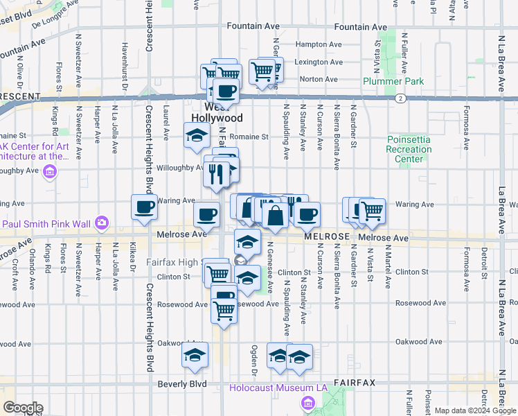 map of restaurants, bars, coffee shops, grocery stores, and more near 744 North Ogden Drive in Los Angeles