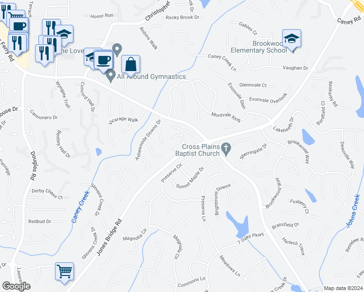 map of restaurants, bars, coffee shops, grocery stores, and more near 587 Carrington Cove in Alpharetta