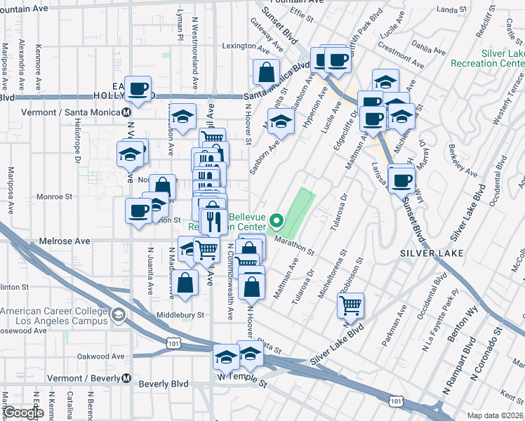 map of restaurants, bars, coffee shops, grocery stores, and more near 756 Hyperion Avenue in Los Angeles