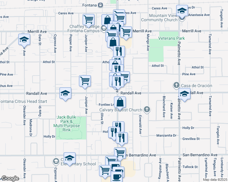 map of restaurants, bars, coffee shops, grocery stores, and more near 9310 Sierra Avenue in Fontana