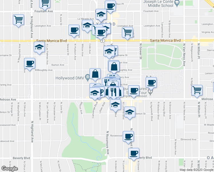 map of restaurants, bars, coffee shops, grocery stores, and more near 760 Lillian Way in Los Angeles