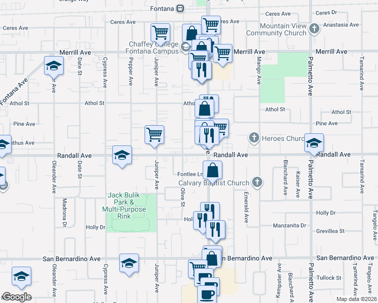 map of restaurants, bars, coffee shops, grocery stores, and more near 16822 Randall Avenue in Fontana
