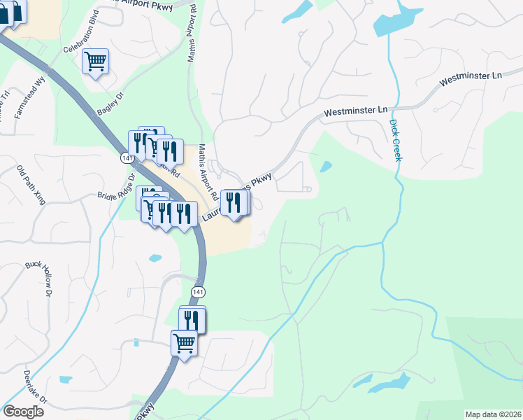 map of restaurants, bars, coffee shops, grocery stores, and more near 5400 Laurel Springs Parkway in Suwanee