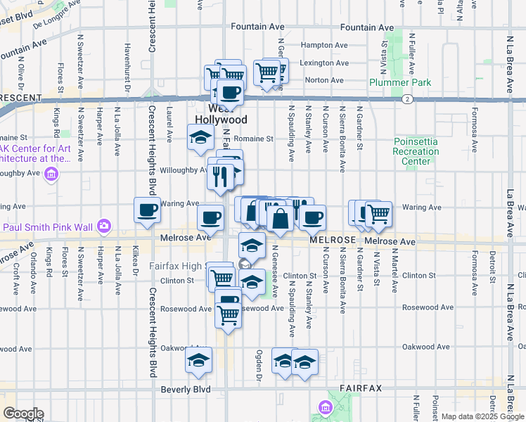 map of restaurants, bars, coffee shops, grocery stores, and more near 744 North Ogden Drive in Los Angeles