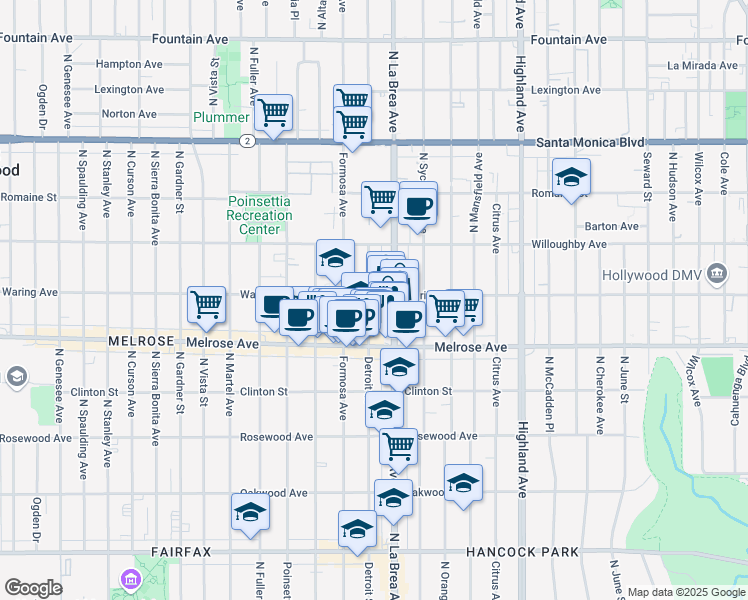 map of restaurants, bars, coffee shops, grocery stores, and more near 7116 Waring Avenue in Los Angeles