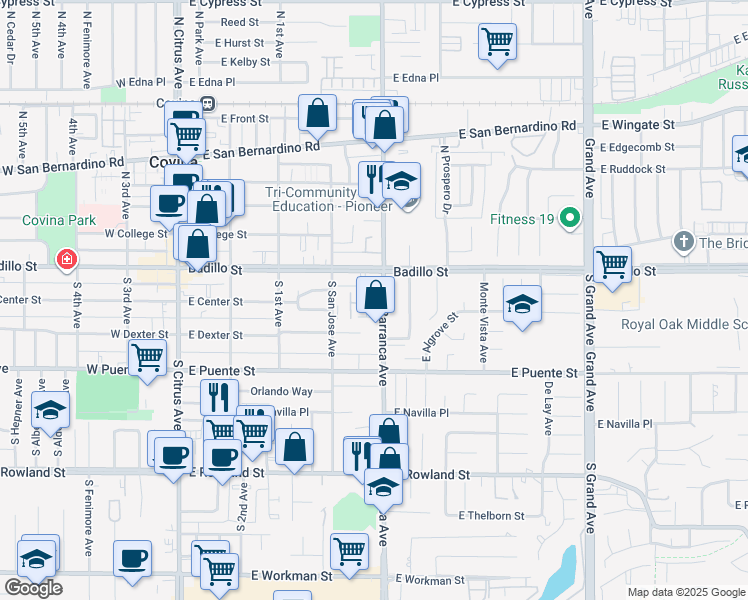 map of restaurants, bars, coffee shops, grocery stores, and more near 460 East Algrove Street in Covina