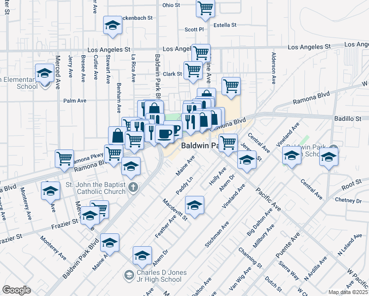 map of restaurants, bars, coffee shops, grocery stores, and more near 3921 Maine Avenue in Baldwin Park