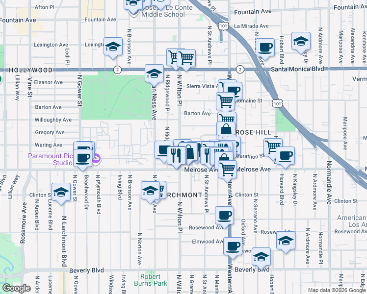 map of restaurants, bars, coffee shops, grocery stores, and more near 758 North Wilton Place in Los Angeles