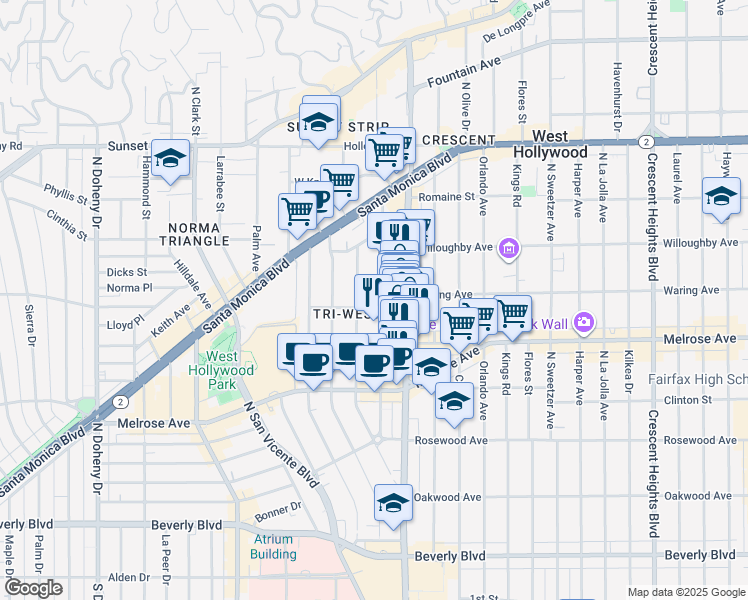 map of restaurants, bars, coffee shops, grocery stores, and more near 726 Westmount Drive in West Hollywood