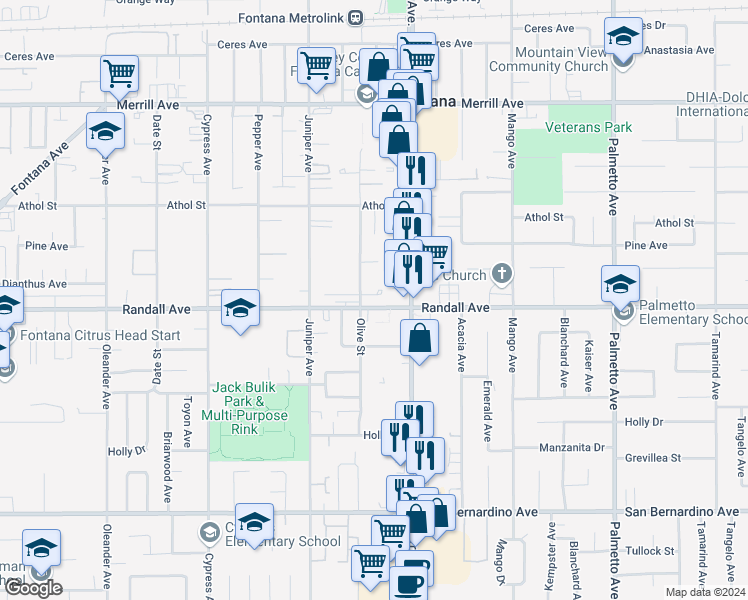 map of restaurants, bars, coffee shops, grocery stores, and more near 16822 Randall Avenue in Fontana
