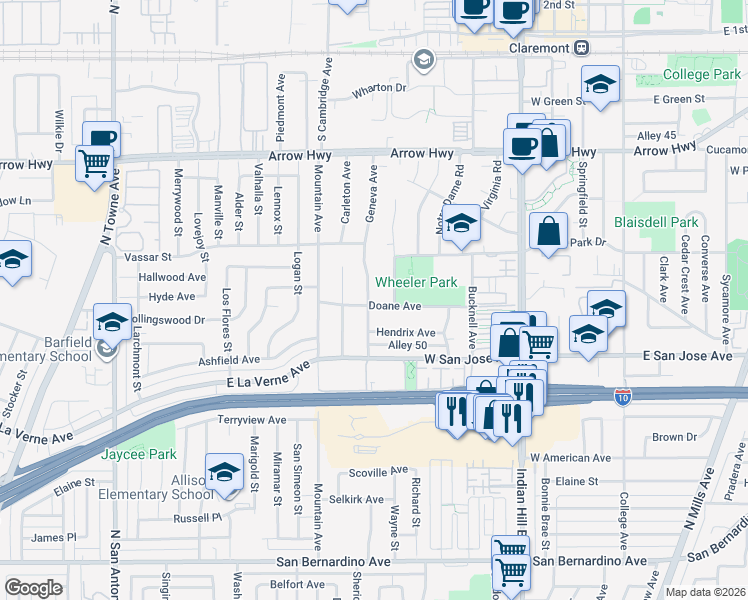 map of restaurants, bars, coffee shops, grocery stores, and more near 637 Geneva Avenue in Claremont