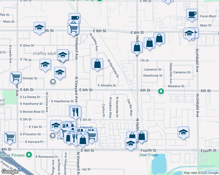map of restaurants, bars, coffee shops, grocery stores, and more near 2114 East Alondra Street in Ontario