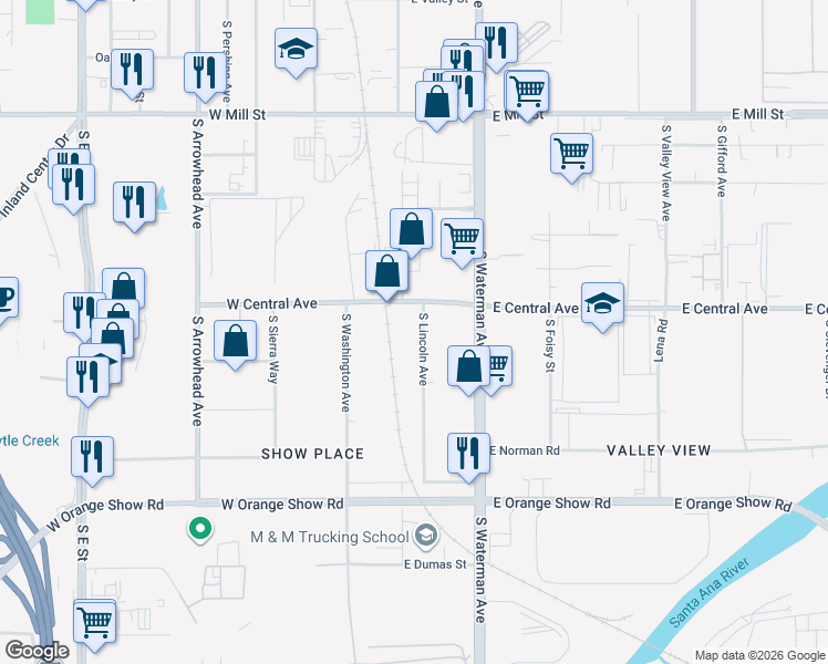 map of restaurants, bars, coffee shops, grocery stores, and more near 9276 South Lincoln Avenue in San Bernardino