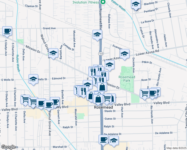 map of restaurants, bars, coffee shops, grocery stores, and more near 8932 Mission Drive in Rosemead