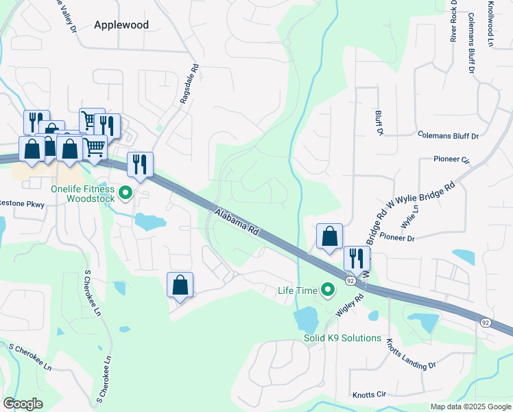 map of restaurants, bars, coffee shops, grocery stores, and more near 321 Balaban Circle in Woodstock