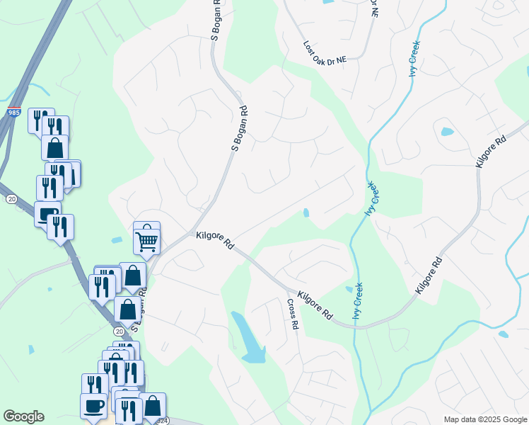map of restaurants, bars, coffee shops, grocery stores, and more near 2222 Ivy Crest Drive in Buford