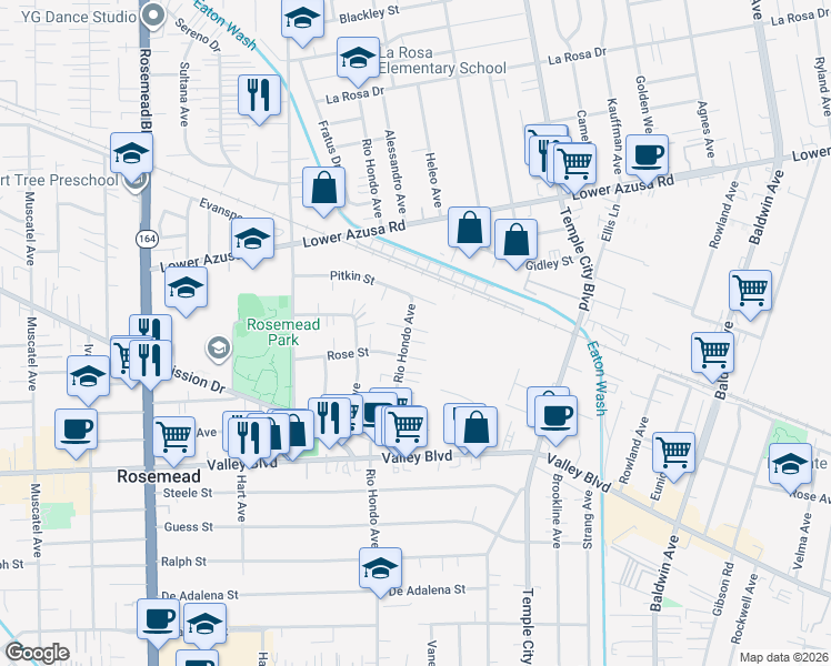 map of restaurants, bars, coffee shops, grocery stores, and more near 4303 Rio Hondo Avenue in Rosemead