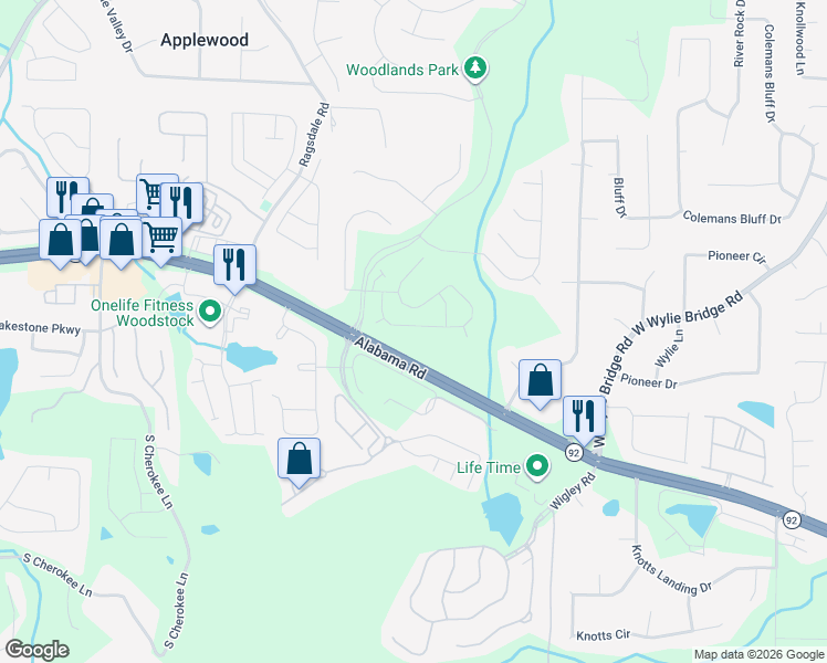 map of restaurants, bars, coffee shops, grocery stores, and more near 325 Balaban Circle in Woodstock