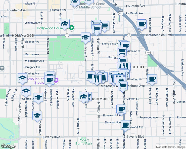 map of restaurants, bars, coffee shops, grocery stores, and more near 758 North Ridgewood Place in Los Angeles