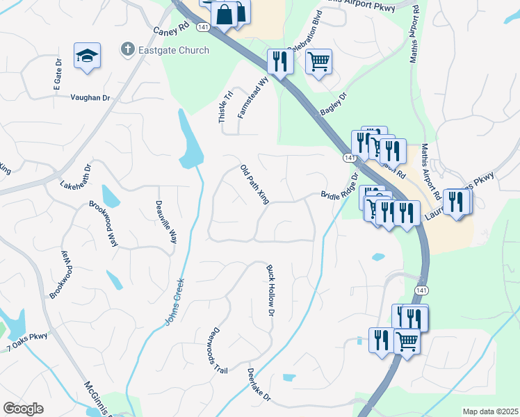 map of restaurants, bars, coffee shops, grocery stores, and more near 3720 Bridle Ridge Drive in Suwanee