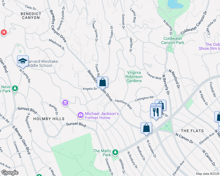 map of restaurants, bars, coffee shops, grocery stores, and more near 1018 Summit Drive in Beverly Hills