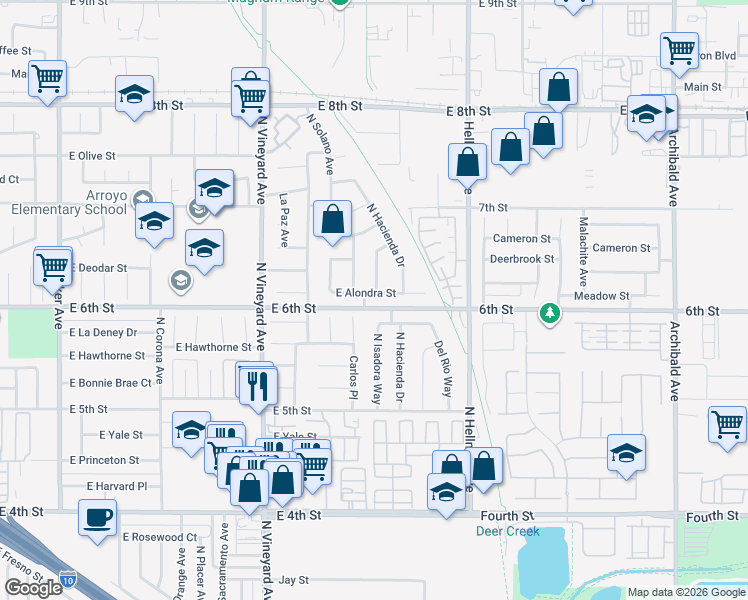 map of restaurants, bars, coffee shops, grocery stores, and more near 2114 East Alondra Street in Ontario
