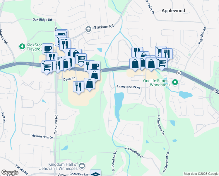map of restaurants, bars, coffee shops, grocery stores, and more near 138 Lakestone Parkway in Woodstock