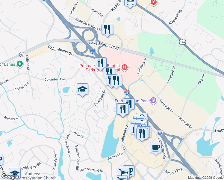 map of restaurants, bars, coffee shops, grocery stores, and more near 101 Paces Brook Avenue in Columbia