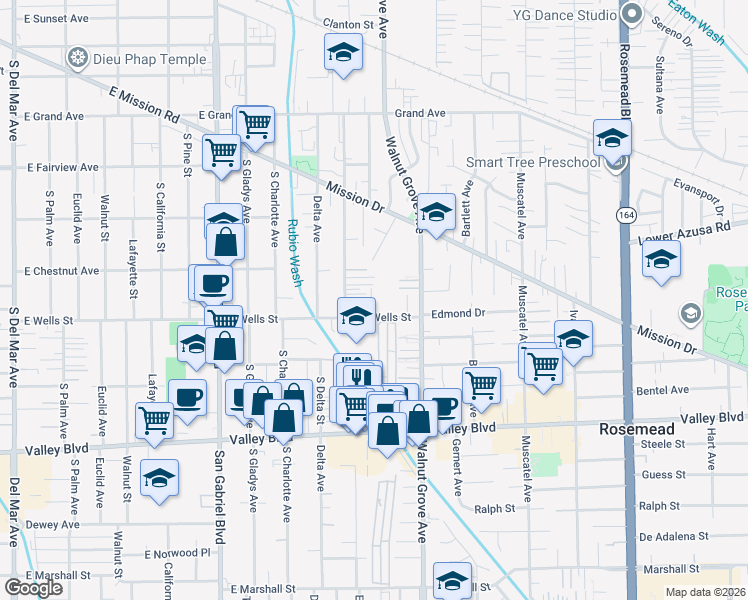 map of restaurants, bars, coffee shops, grocery stores, and more near 8471 Wells Street in Rosemead