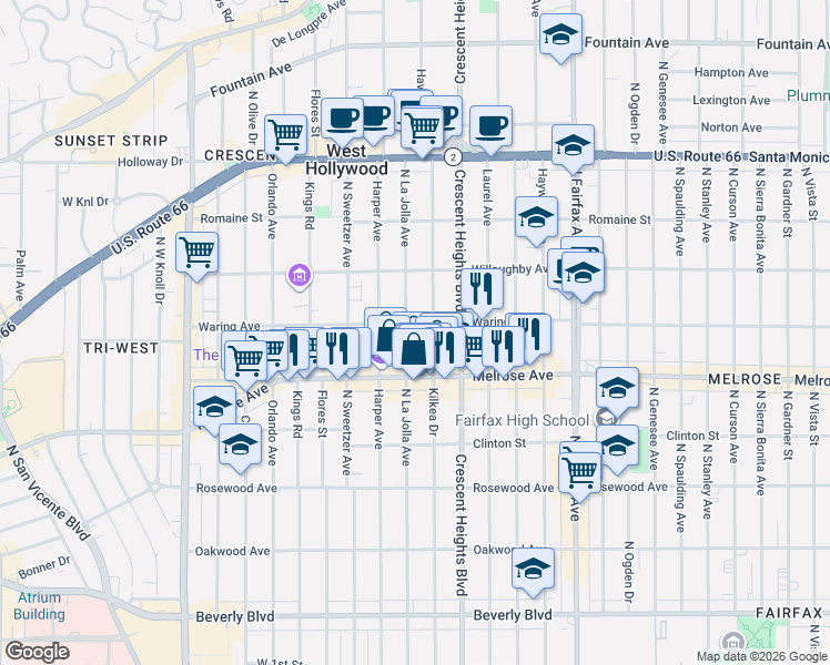 map of restaurants, bars, coffee shops, grocery stores, and more near 748 North La Jolla Avenue in West Hollywood