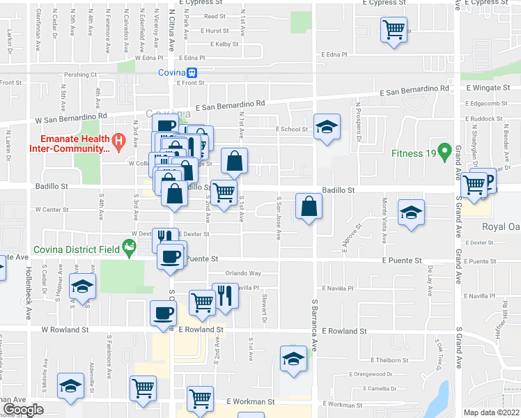 map of restaurants, bars, coffee shops, grocery stores, and more near 340 Grovecenter Street in Covina