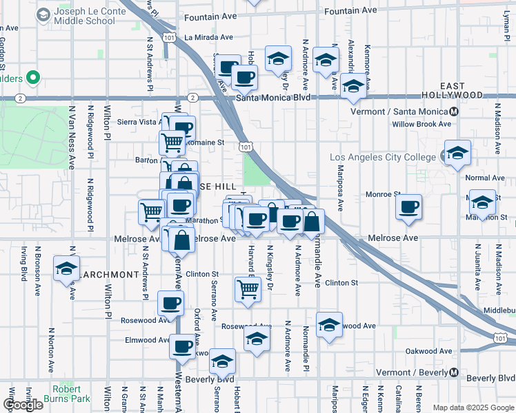 map of restaurants, bars, coffee shops, grocery stores, and more near 732 North Harvard Boulevard in Los Angeles