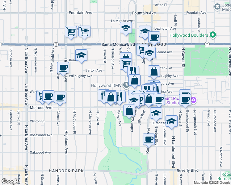map of restaurants, bars, coffee shops, grocery stores, and more near 758 North Hudson Avenue in Los Angeles