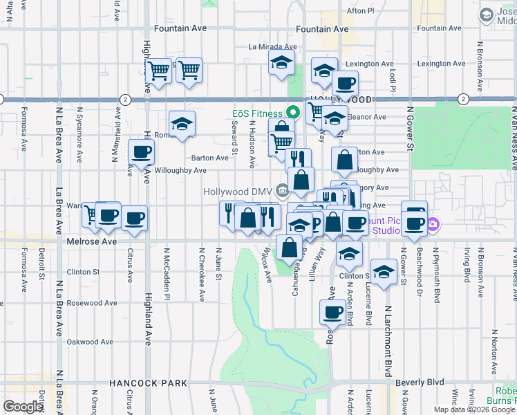 map of restaurants, bars, coffee shops, grocery stores, and more near 758 North Hudson Avenue in Los Angeles