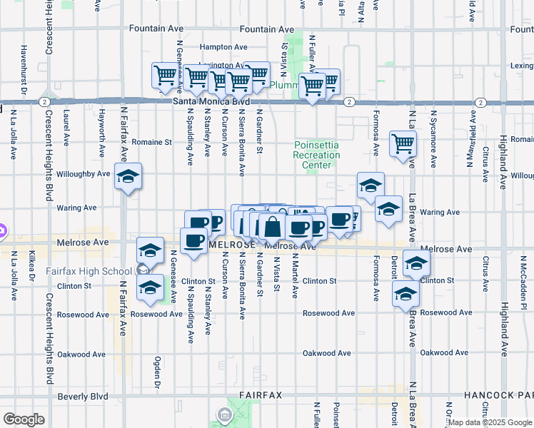 map of restaurants, bars, coffee shops, grocery stores, and more near 7462 Waring Avenue in Los Angeles