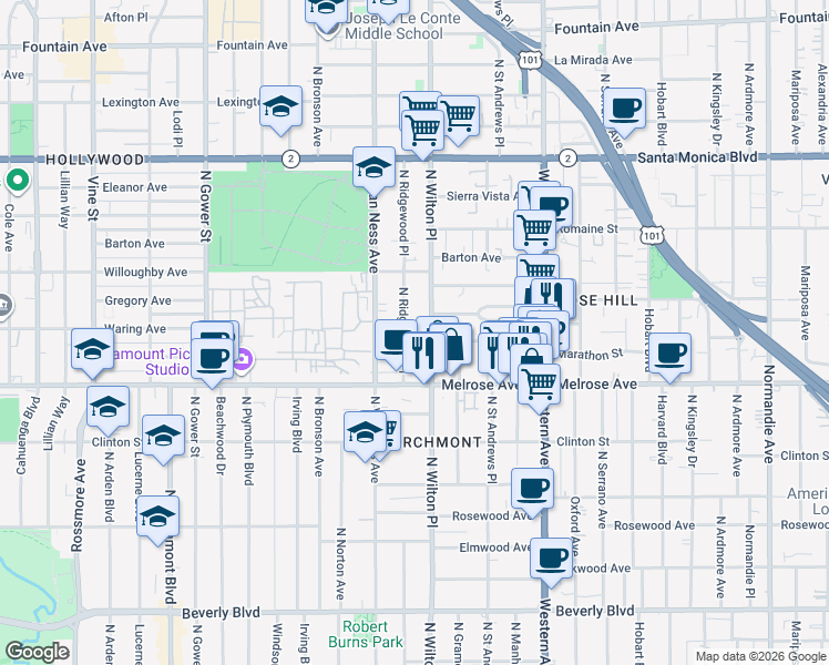 map of restaurants, bars, coffee shops, grocery stores, and more near 756 North Ridgewood Place in Los Angeles