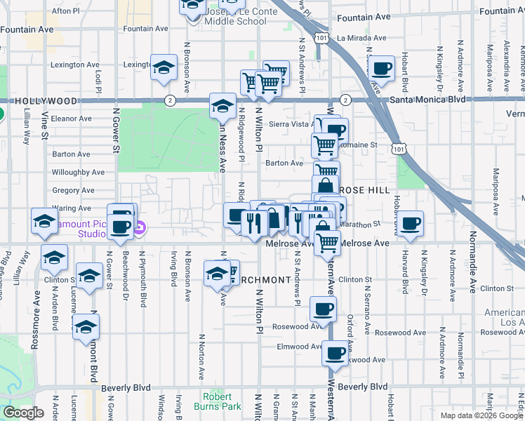 map of restaurants, bars, coffee shops, grocery stores, and more near 758 North Wilton Place in Los Angeles