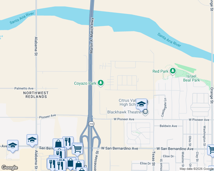 map of restaurants, bars, coffee shops, grocery stores, and more near 2035 Bergamot Street in Redlands