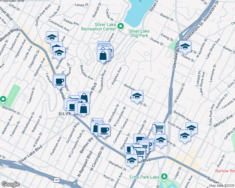 map of restaurants, bars, coffee shops, grocery stores, and more near 1506 Benton Way in Los Angeles