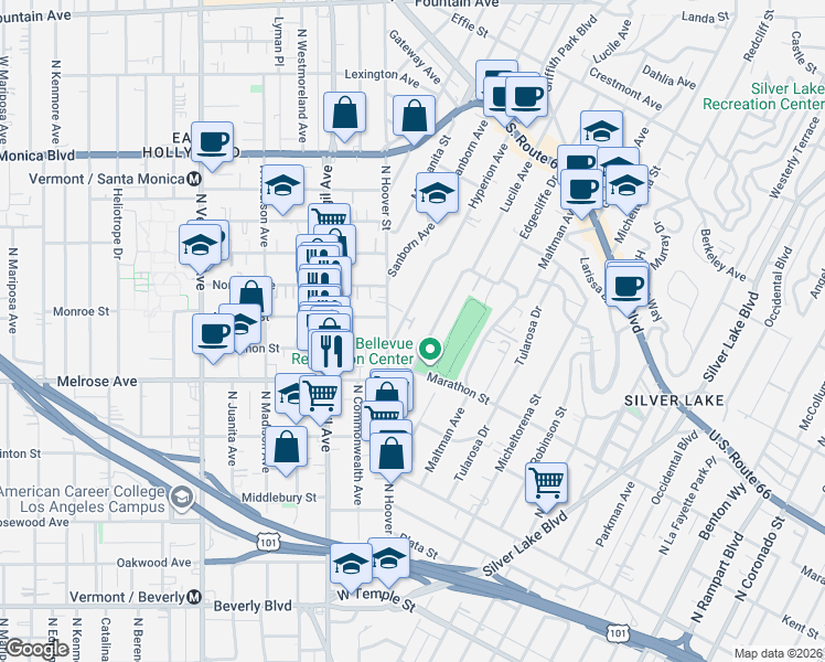 map of restaurants, bars, coffee shops, grocery stores, and more near 734 Hyperion Avenue in Los Angeles