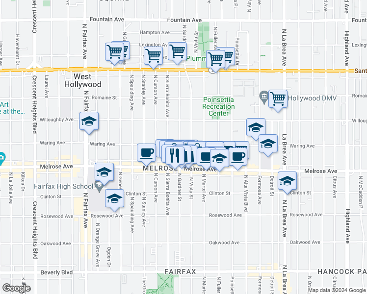 map of restaurants, bars, coffee shops, grocery stores, and more near 7462 Waring Avenue in Los Angeles