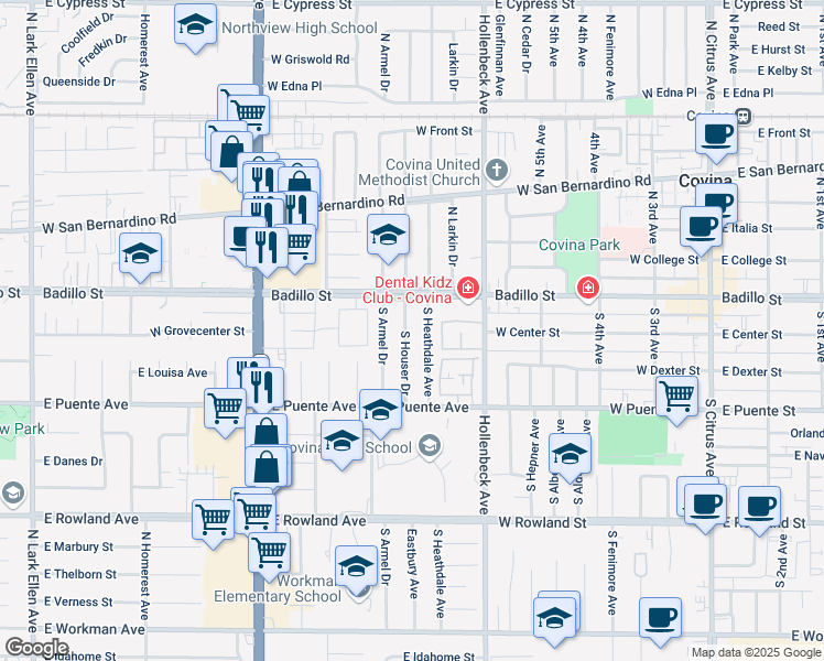 map of restaurants, bars, coffee shops, grocery stores, and more near 231 South Heathdale Avenue in Covina