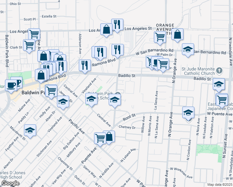map of restaurants, bars, coffee shops, grocery stores, and more near 3900 Puente Avenue in Baldwin Park