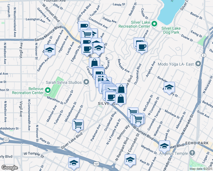 map of restaurants, bars, coffee shops, grocery stores, and more near 1227 Westerly Terrace in Los Angeles