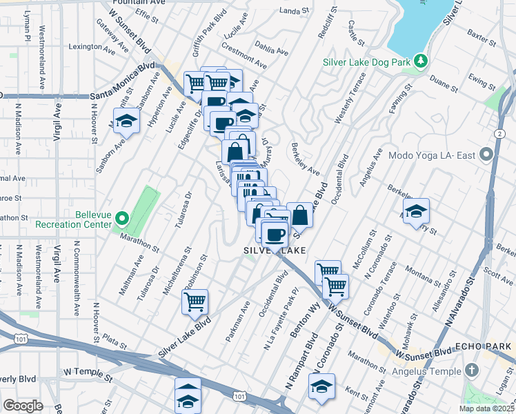map of restaurants, bars, coffee shops, grocery stores, and more near 3110 Sunset Boulevard in Los Angeles