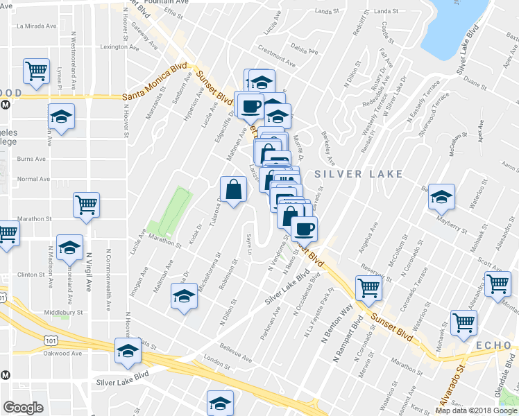 map of restaurants, bars, coffee shops, grocery stores, and more near 3349 Descanso Drive in Los Angeles