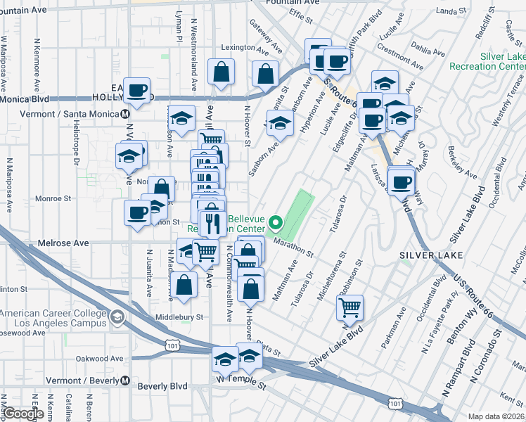 map of restaurants, bars, coffee shops, grocery stores, and more near 734 Hyperion Avenue in Los Angeles